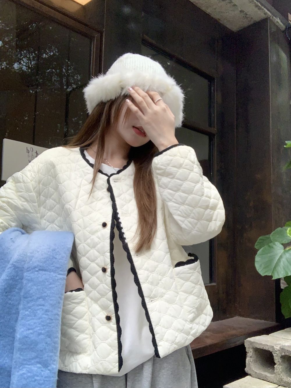 實拍三標齊小香風撞色菱格棉服外套女小個子百搭上衣