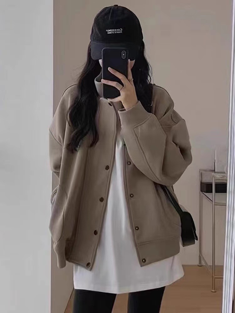 華棉複合官 灰色衛衣女春秋季洋氣美式外套開衫