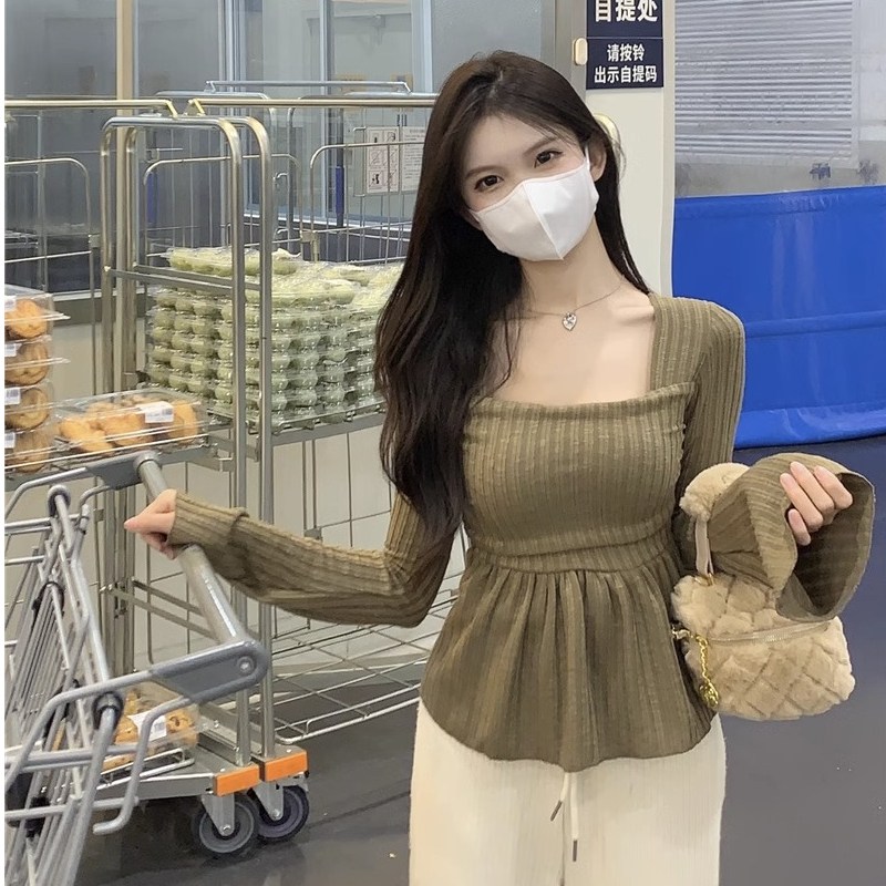 Bell-sleeved knitted sweater for women in autumn, pure lust-style square-neck long-sleeved bottoming shirt with fat girl's belly-covering slimming top