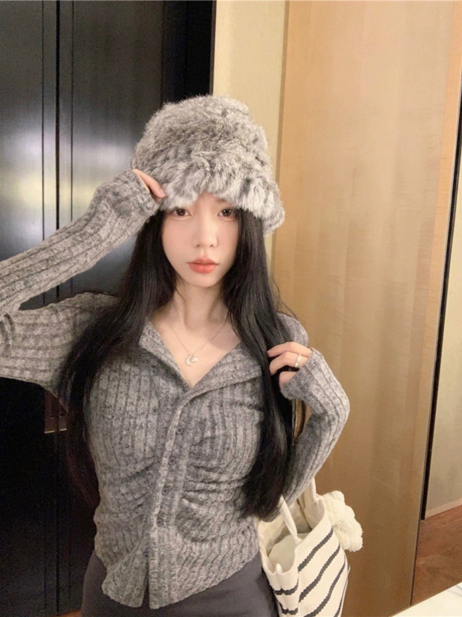 設計感長袖辣妹針織衫女秋季別致褶皺修身顯瘦不規則上衣