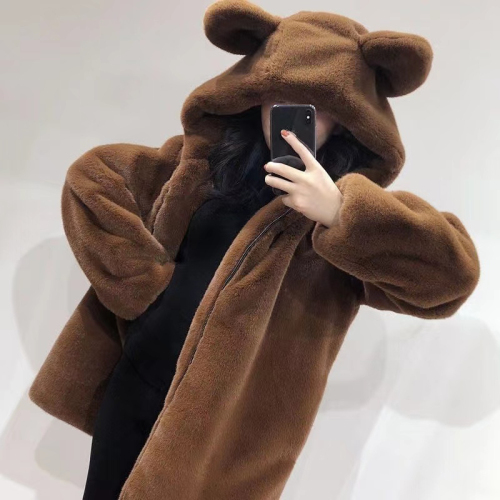 2023 new winter hooded loose cute bear ears thickened plush mid-length imitation fur coat for women