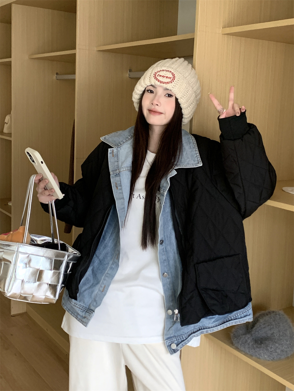 實拍~冬季新款牛仔拼接假兩件加厚棉衣棉服外套