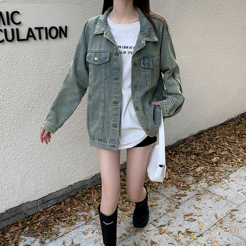Real shot ~ Retro long-sleeved denim jacket for women 2023 new design niche zipper BF loose top