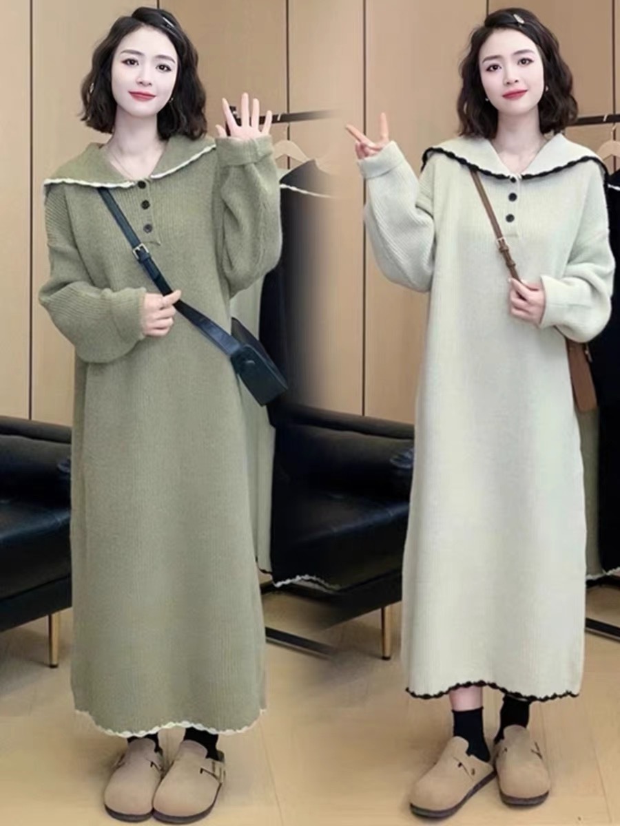 2023秋冬時尚毛衣針織連衣裙寬鬆女春秋新款打底百搭過膝長裙顯瘦