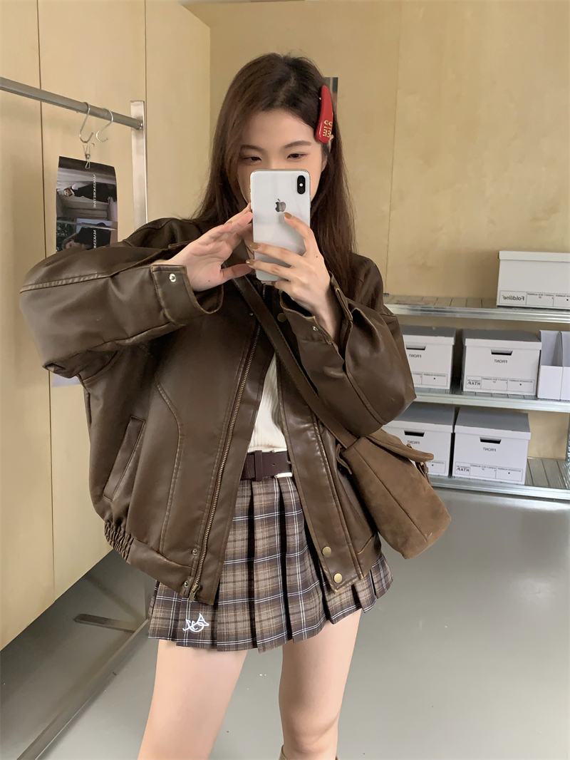 Real shot ~ Maillard retro American style distressed washed leather jacket loose sweet cool motorcycle jacket short coat