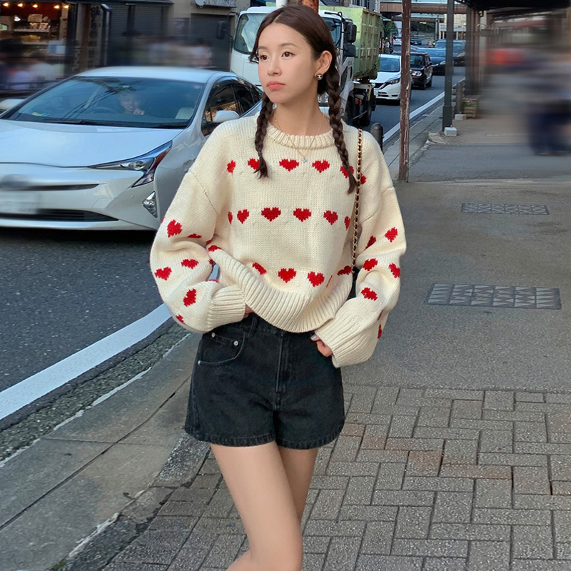 韓版時尚愛心提花毛衣女2023年秋冬新款慵懶風寬鬆長袖套頭針織衫
