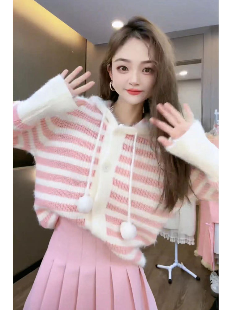 韓系甜美減齡馬海毛連帽系帶毛球針織衫女時尚洋氣百搭條紋上衣潮