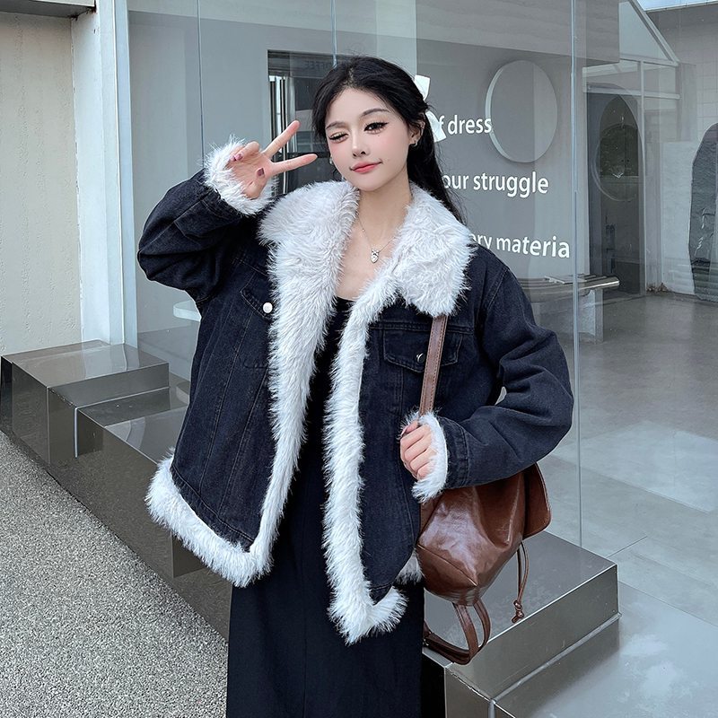 實拍 牛仔短款拼接毛毛加厚棉服秋冬新款高級感炸街毛絨外套