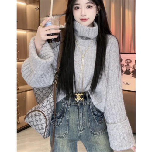 韩国chic百搭高领坑条毛衣显瘦长袖针织衫女