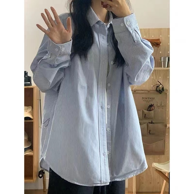 純棉藍白撞色條紋襯衫女裝春秋季日系寬鬆長袖疊穿襯衣外套