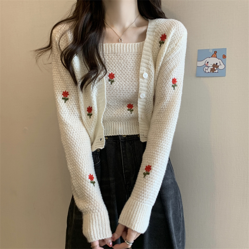 Sweet hot girl contrasting color slim long-sleeved sweater for women autumn style one-line collar short blouse waistcoat top two-piece set