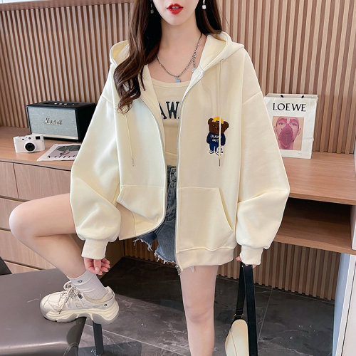 Real shot of Huamian pure cotton composite non-balling new Korean style loose patch embroidered hooded zipper sweatshirt for women