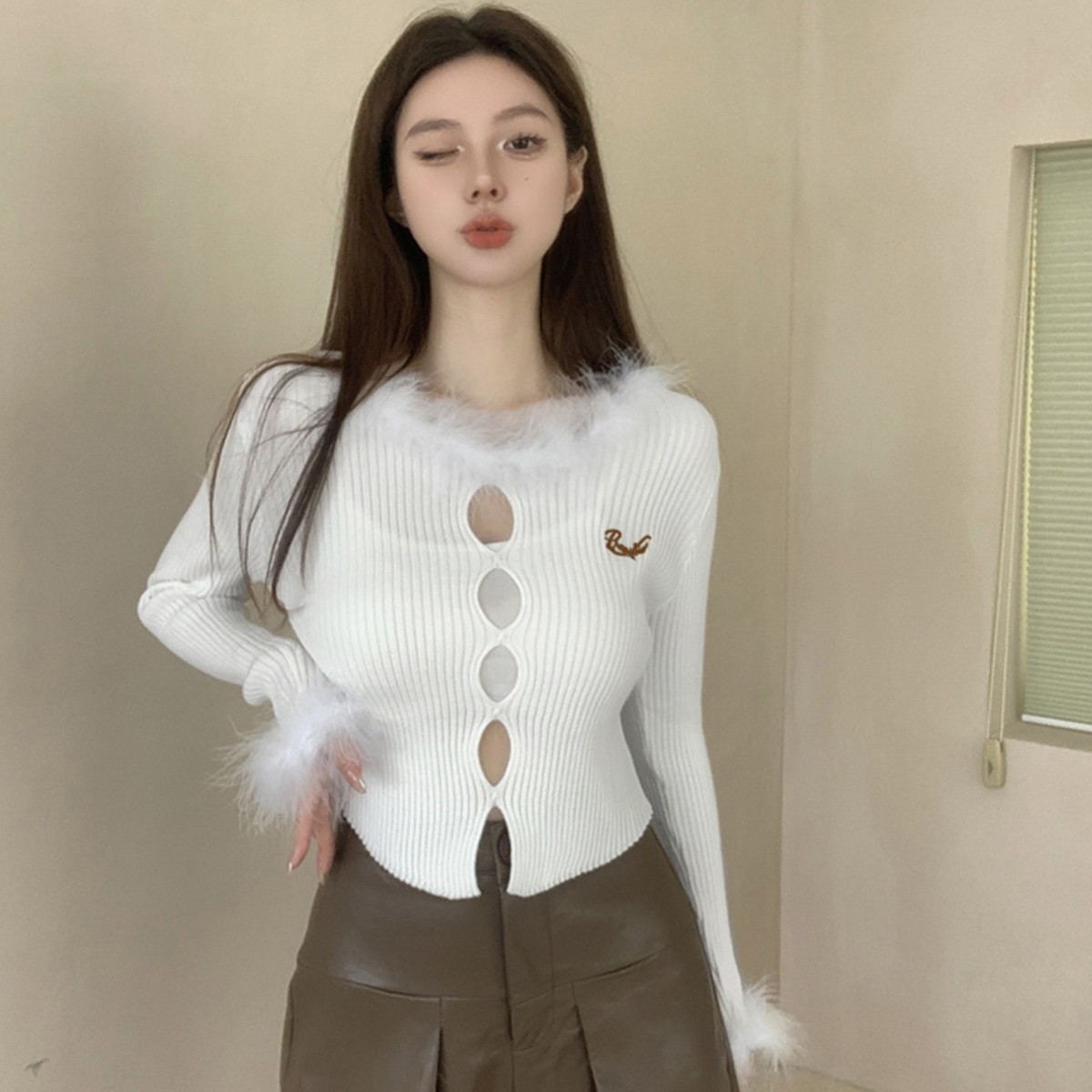 Quality Inspection Officer Picture 2023 Autumn Design Sleeve Sweater Temperament Women's Long Sleeve Top Slim Retro Pure Lust Style