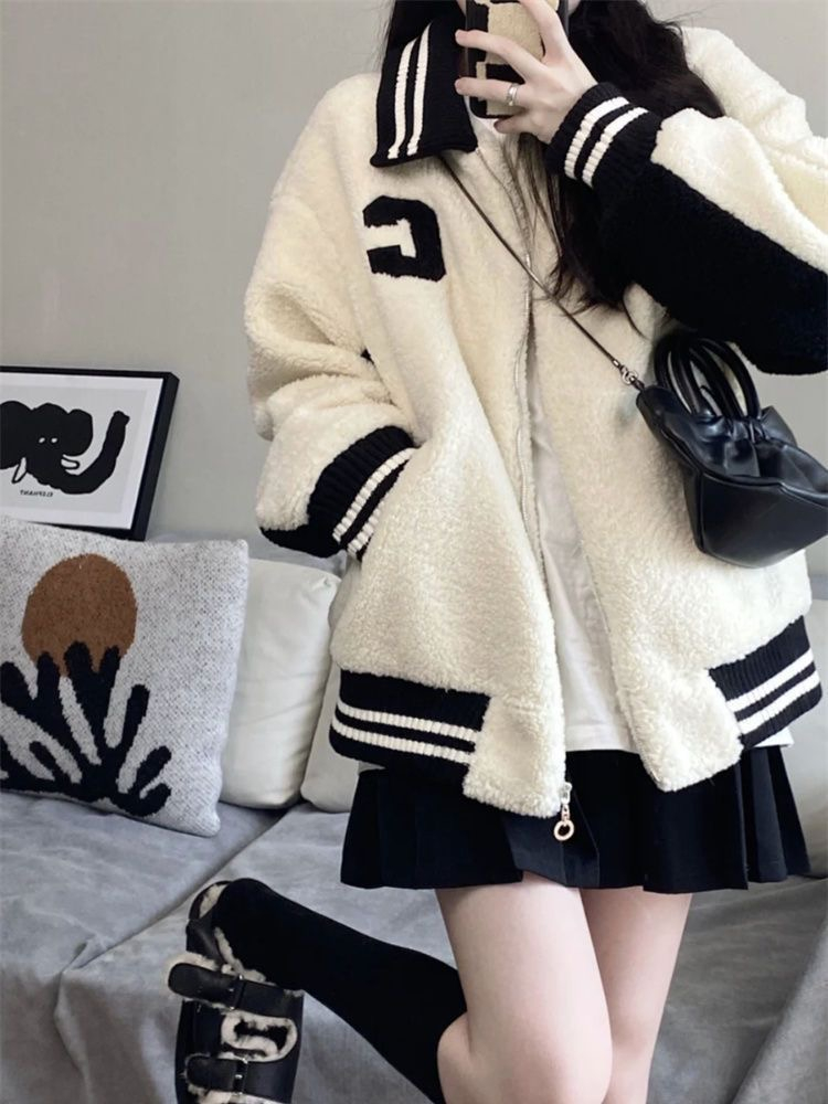 原版質量春秋羊羔毛外套女韓版寬鬆bf顯瘦加厚棒球服