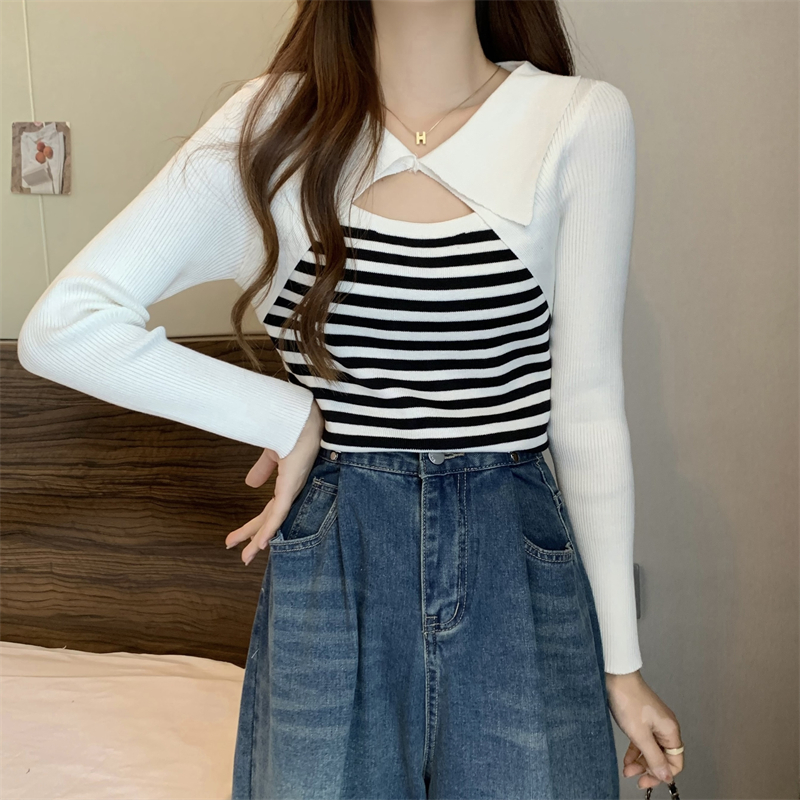 2023 Autumn and Winter New Contrast Color Polo Collar Striped Sweater Women's Korean Style Hollow Design Niche Bottoming Top