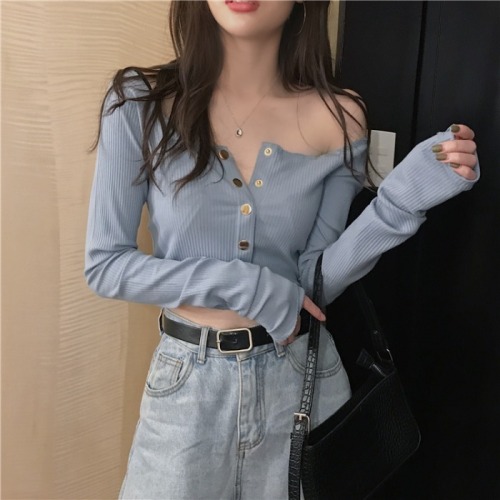  new autumn and winter new small sexy short navel-baring knitted bottoming T-shirt for women with slim temperament and long-sleeved top