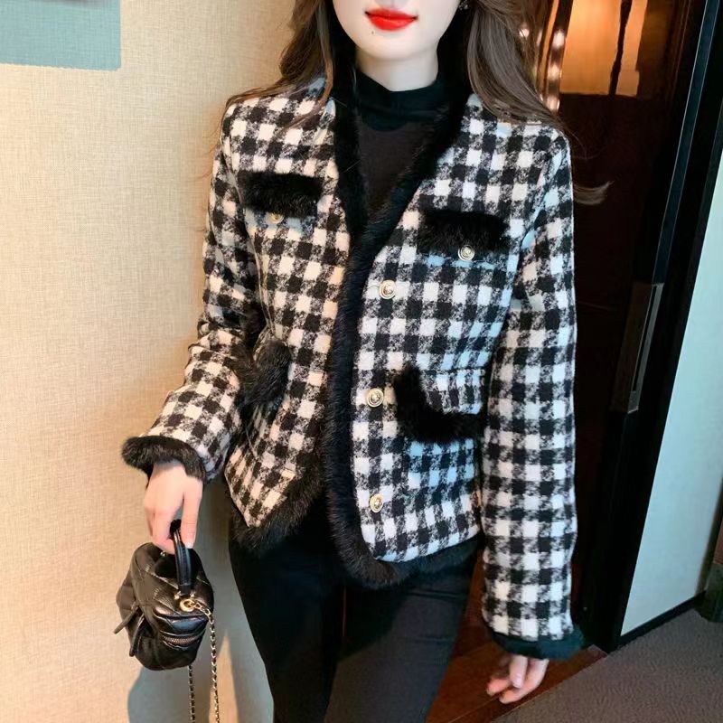 法式小香風粗紡外套女秋冬季加厚保暖上衣高級感毛邊千鳥格子大衣