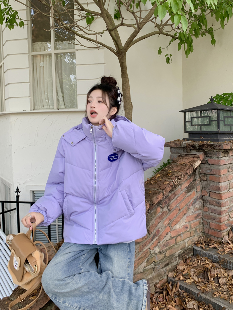 奶呼呼紫色麵包服棉服女冬季2023年新款寬鬆連帽加厚韓系冬裝外套