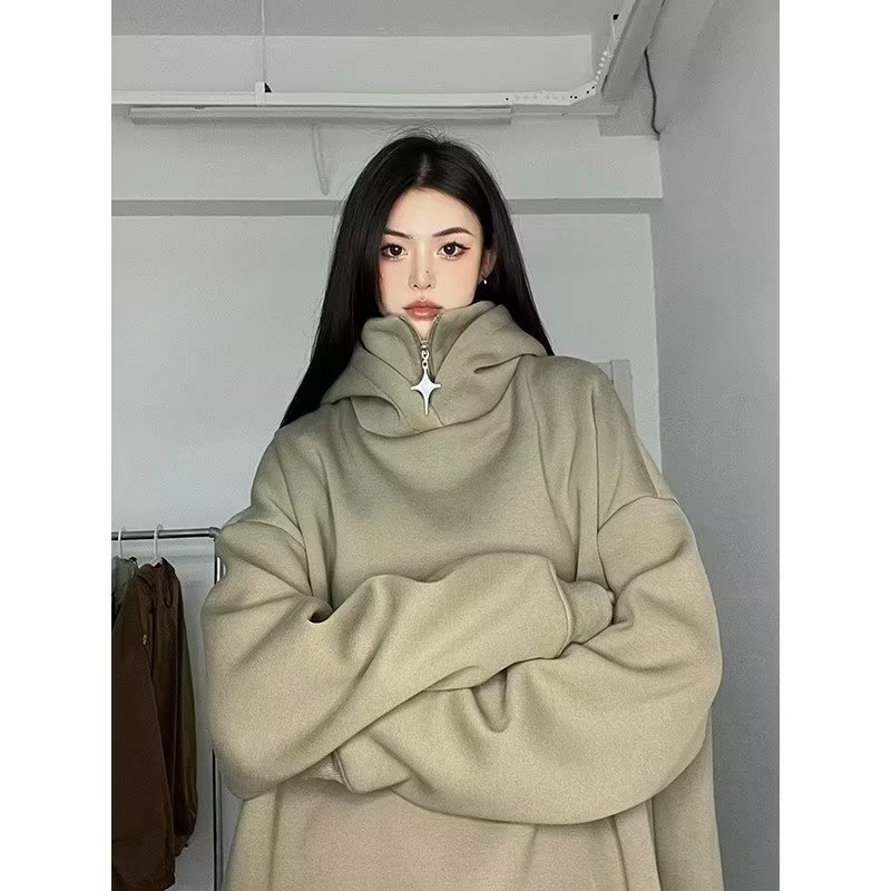 American retro zipper turtleneck sweatshirt for women autumn new design niche solid color trendy brand heavy hooded jacket