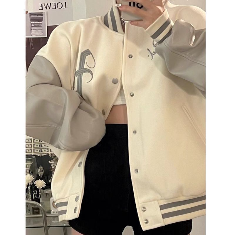 加絨優質版美式拼接棒球服女秋季百搭小眾hiphop夾克情侶外套