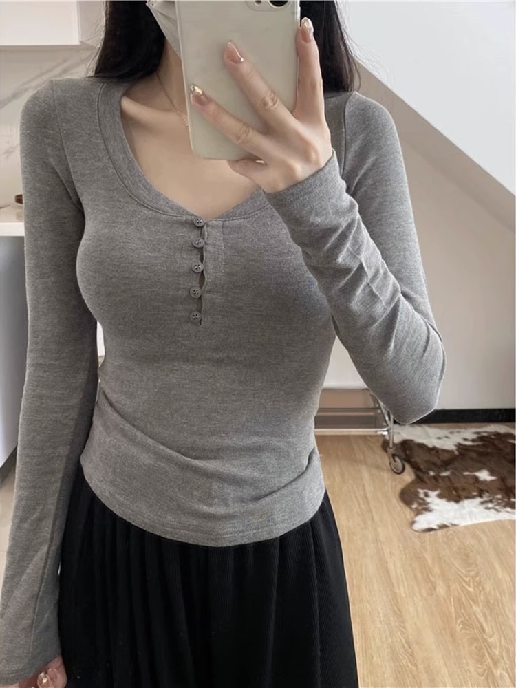 260隨心裁性感灰色長袖打底衫t恤女秋冬短款上衣