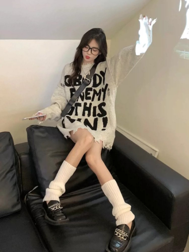American style ripped sweater for women autumn and winter  new design letter loose mid-length long-sleeved knitted top trendy