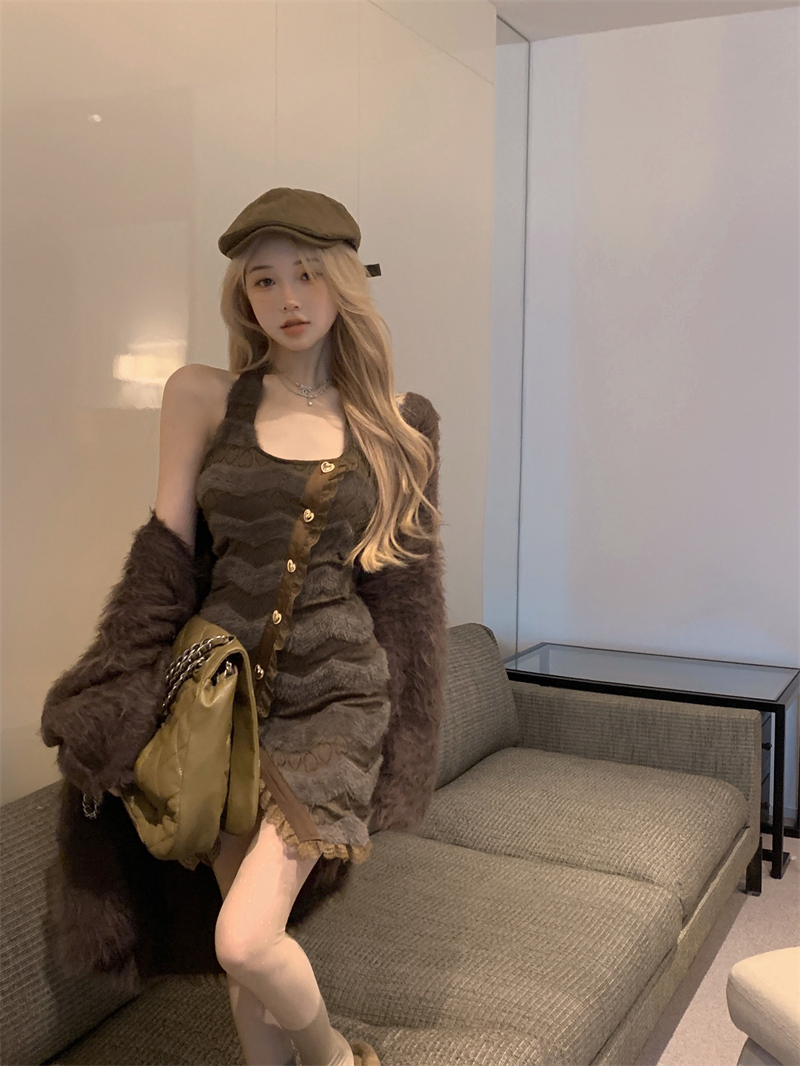 實拍 奶欲芭比 慵懶風開衫毛衣外套女收腰顯瘦辣妹掛脖短裙