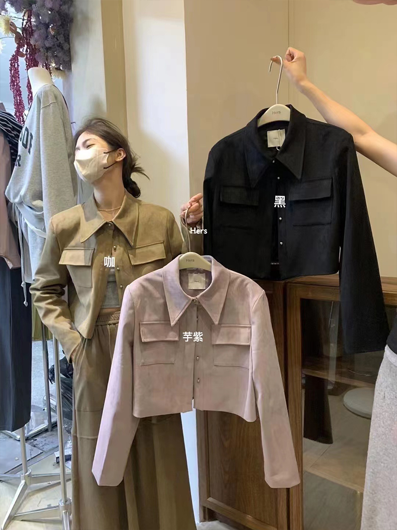 Hers deerskin short jacket for women 2023 early autumn new retro POLO collar versatile short jacket top