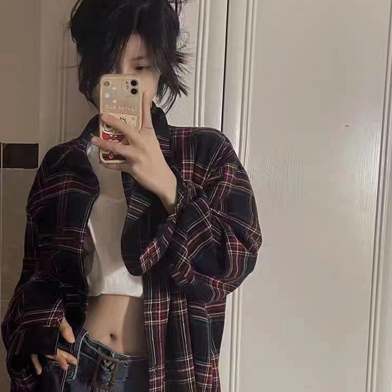 國潮牌美式復古條紋格子襯衫外套女ins潮2023年新款秋季寬鬆上衣