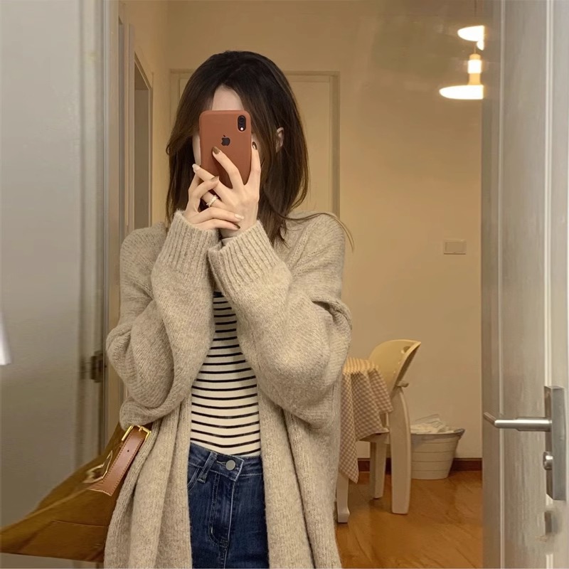 秋季百搭韓版中長款氣質毛衣開衫針織外套女秋冬慵懶寬鬆上衣