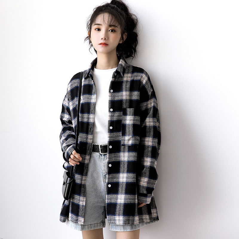 復古港風格子襯衣女2023新款上衣韓版寬鬆長袖襯衫春秋薄外套