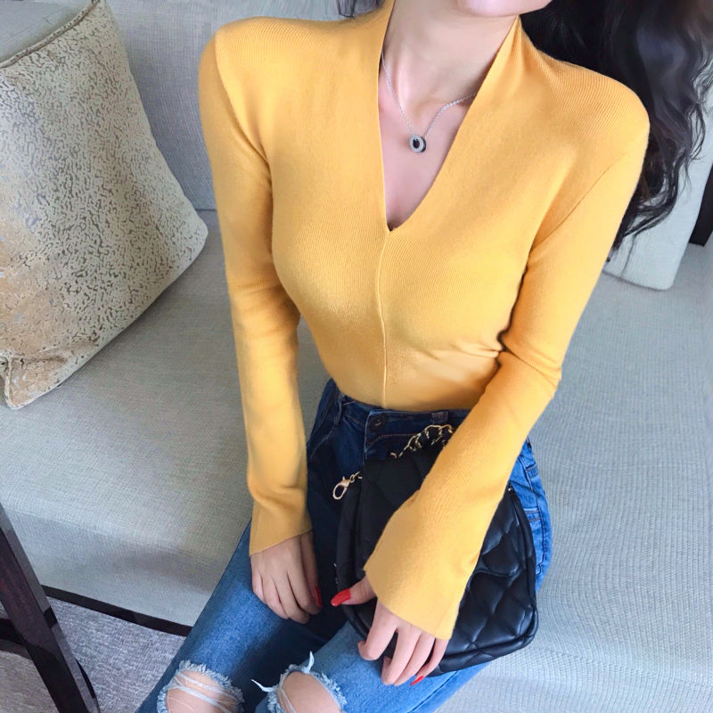 復古法式性感低胸深V領彈力長袖修身顯瘦針織打底衫純色T恤上衣女
