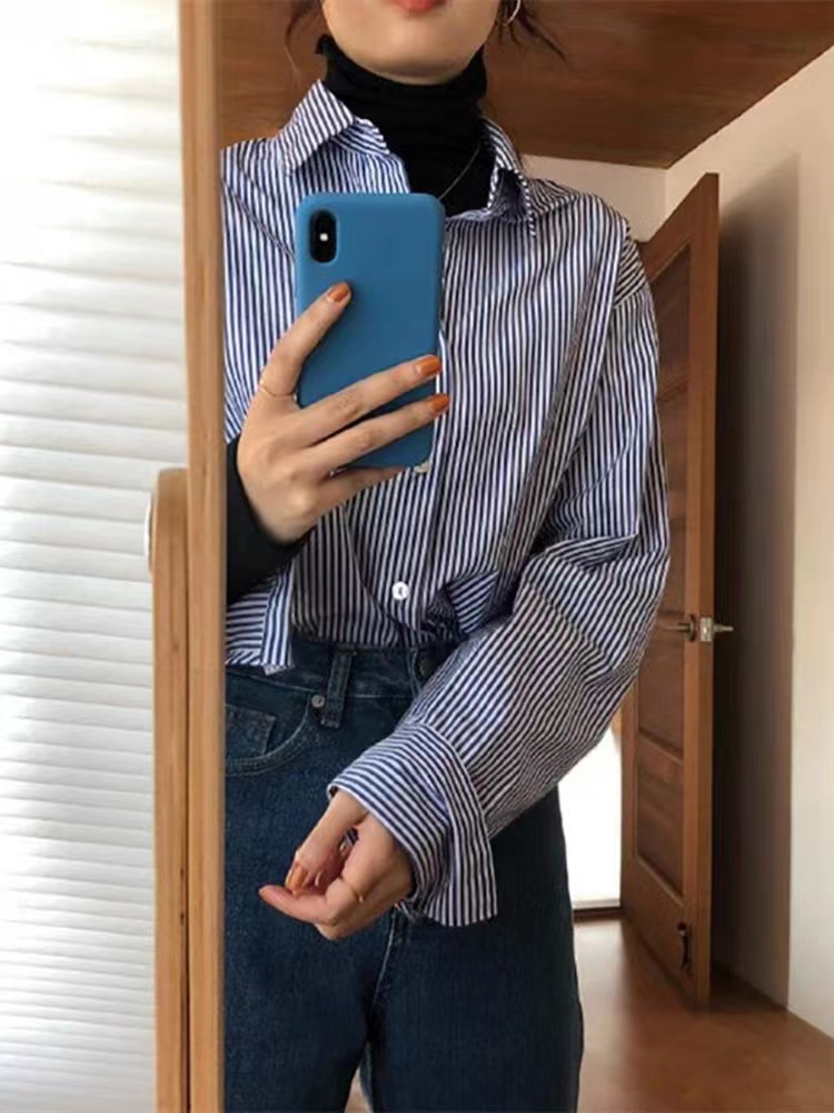 設計感小眾襯衫女長袖春秋內搭寬鬆藍色條紋襯衣2023韓版新款上衣