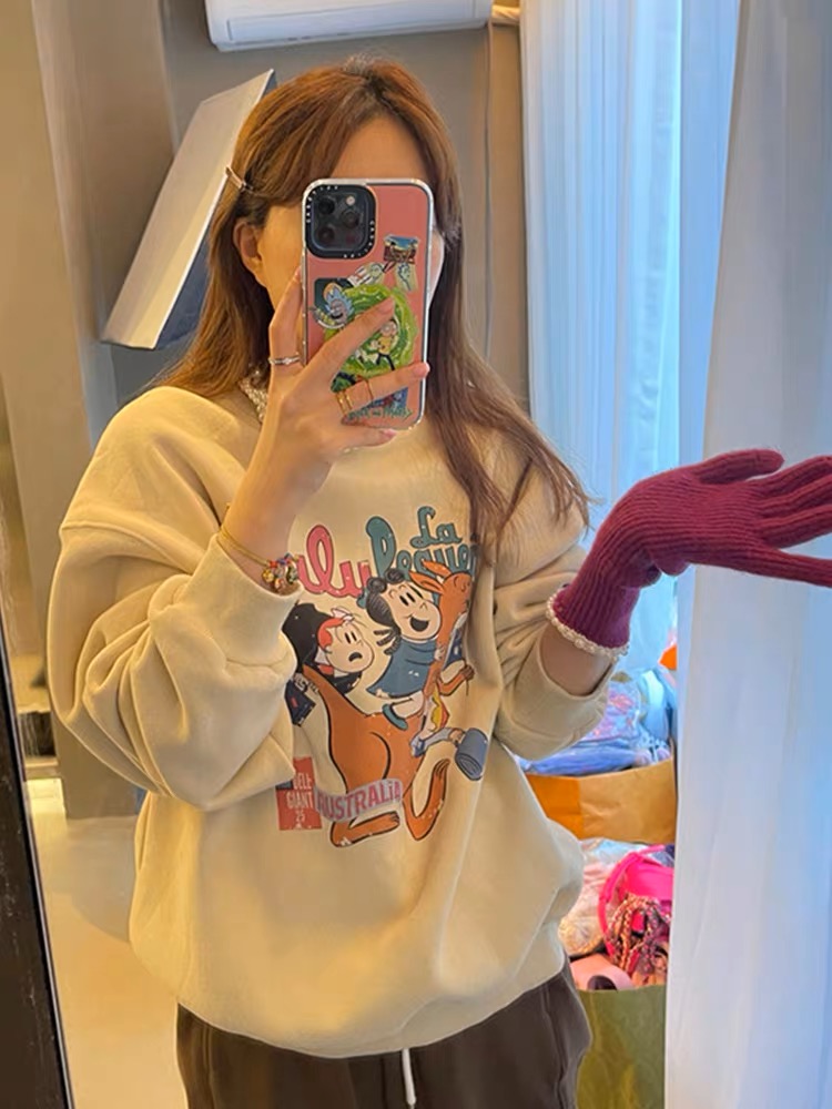 High-end and super good-looking apricot cartoon printed round neck sweatshirt for women spring and autumn 2023 new petite top
