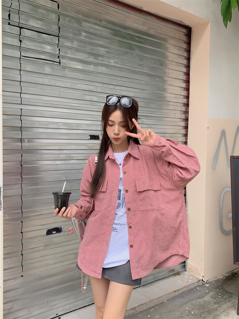 實拍 秋冬新款韓版復古燈芯絨中長款慵懶寬鬆疊穿襯衫外套女