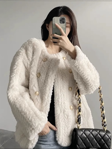 Lamb wool coat for women  winter small fragrant style loose thickened plush white fur top cotton coat