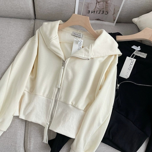 Super hot cream apricot sweatshirt jacket for women loose bf lazy style spring and autumn thin hooded short cardigan top trendy