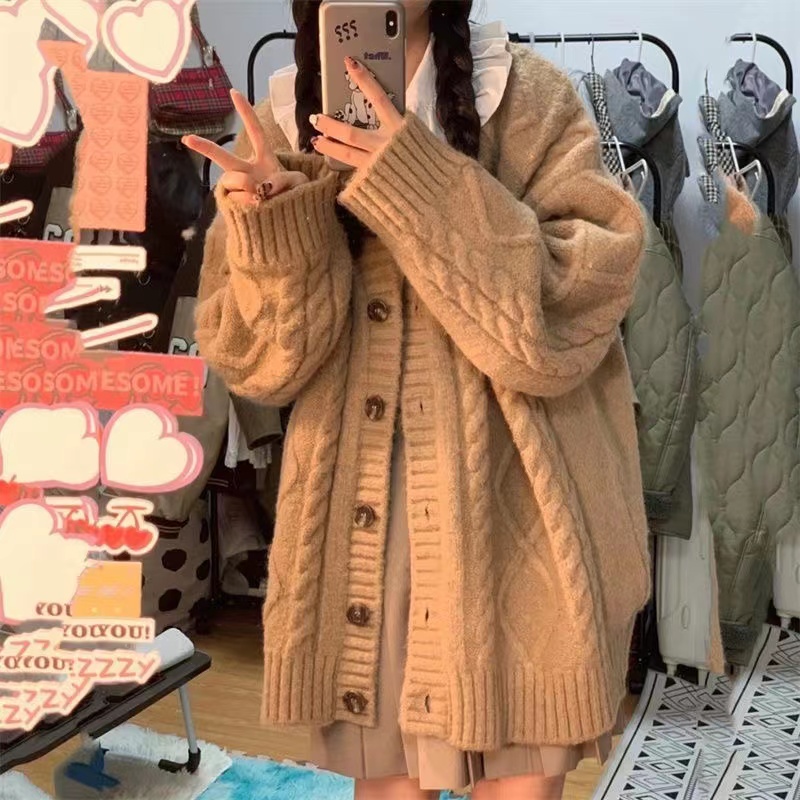 秋冬新款慵懶風麻花開衫寬鬆毛衣女學生針織衫百搭顯瘦上衣外套潮
