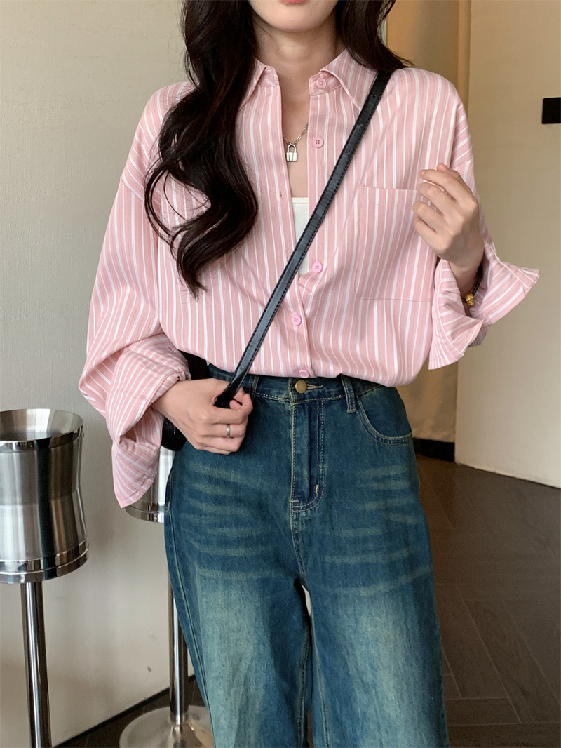 Real shot of spring and autumn salt chic blue striped shirt for women loose casual lazy style thin sun protection jacket