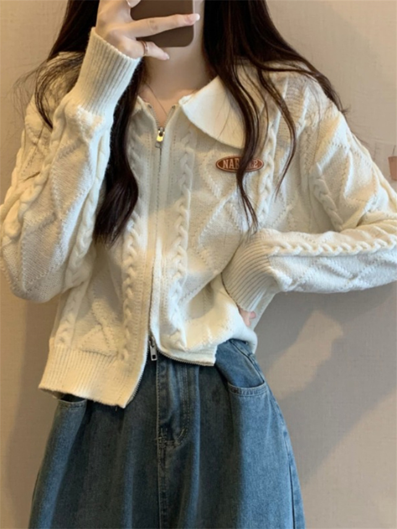 Sheep wool 3 lapel zipper twist knitted sweater cardigan coat for women autumn and winter Korean style lazy style