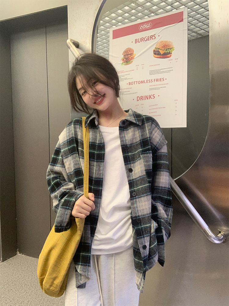 一三良品小個子 品質感！法式復古寬鬆羊毛格紋襯衫外套女襯衣秋