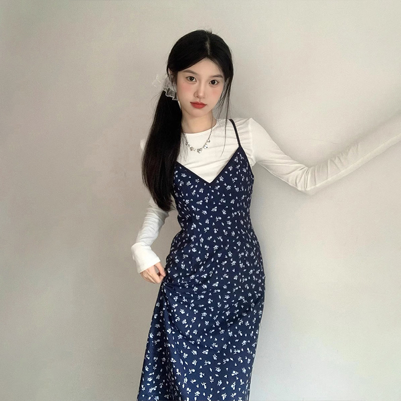 French floral suspender dress for women's autumn new style navy blue long-sleeved girly and beautiful slim skirt