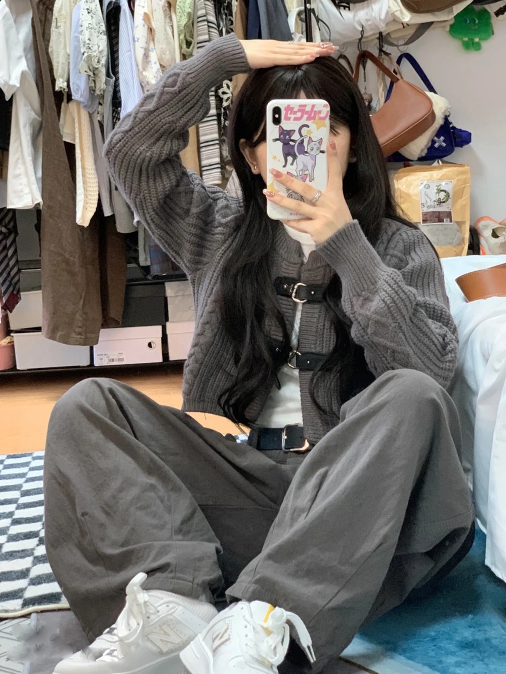 甜酷辣妹小眾鎖扣設計感長袖毛衣外套短款寬鬆小個子外穿針織上衣