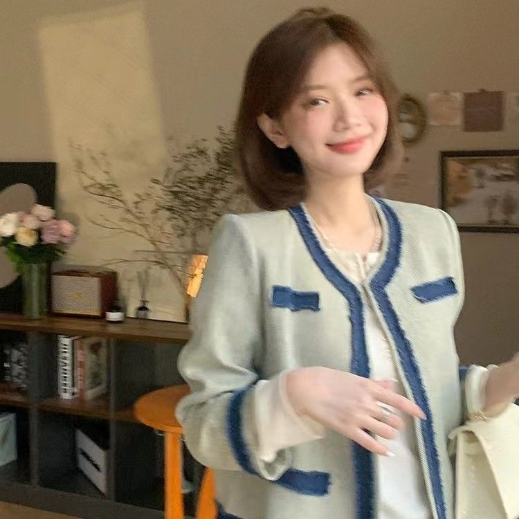 拼色牛仔小香風外套2023初秋新款韓版女裝長袖圓領氣質百搭上衣女