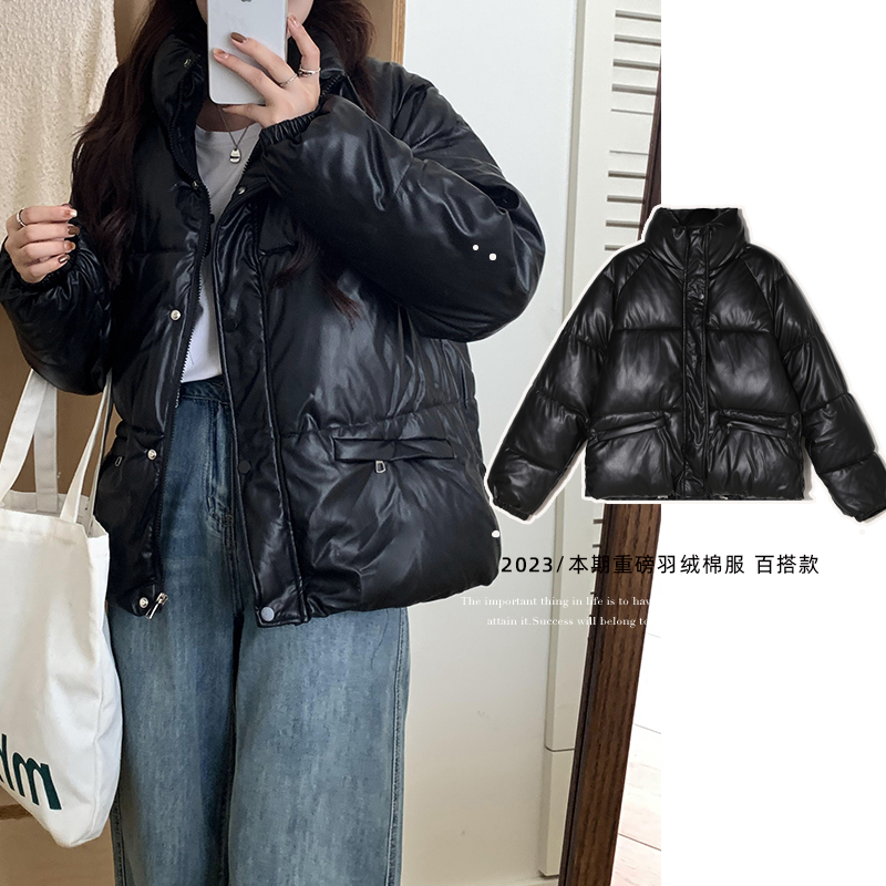 ins新款韓版羽絨服女短款 立領小個子加厚時尚外套麵包服PU皮棉服