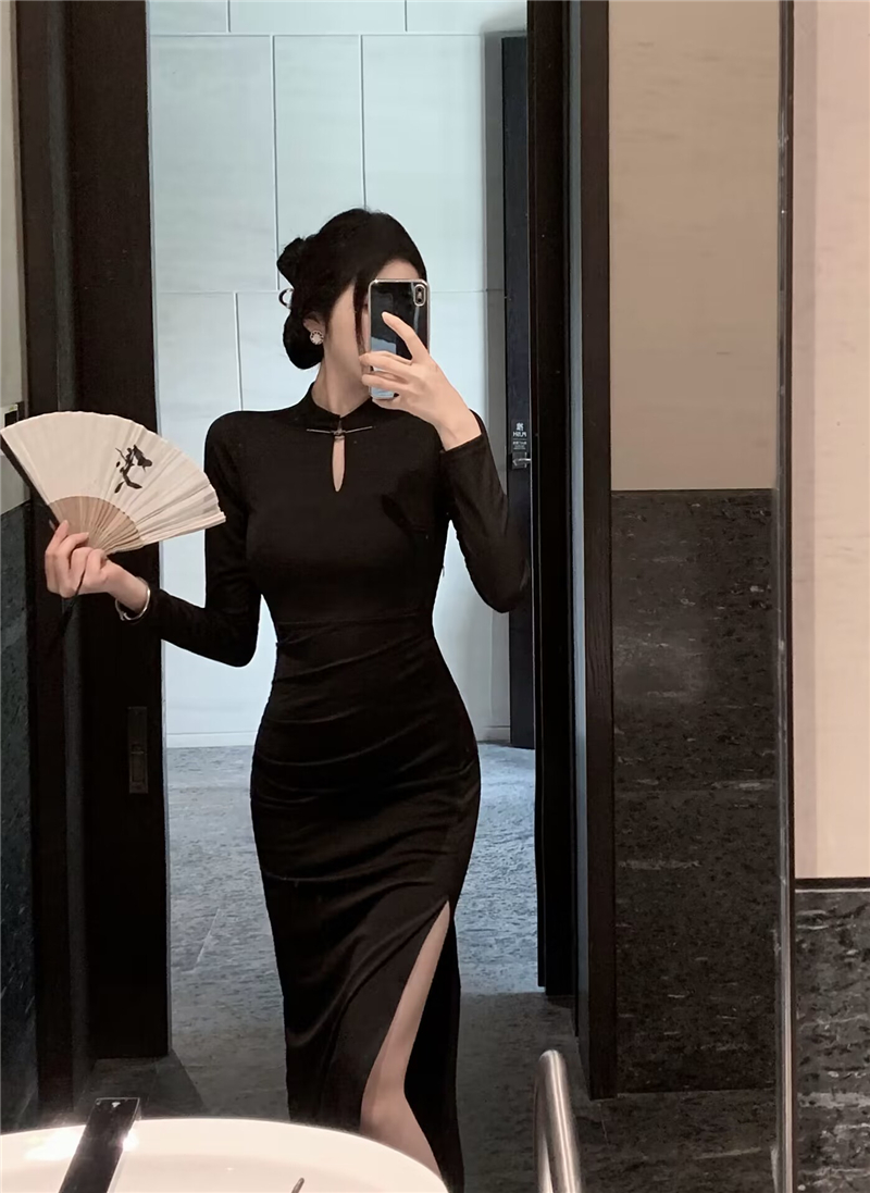 Actual shot of new retro sexy national style new Chinese style improved cheongsam dress slim and slim slit dress long skirt