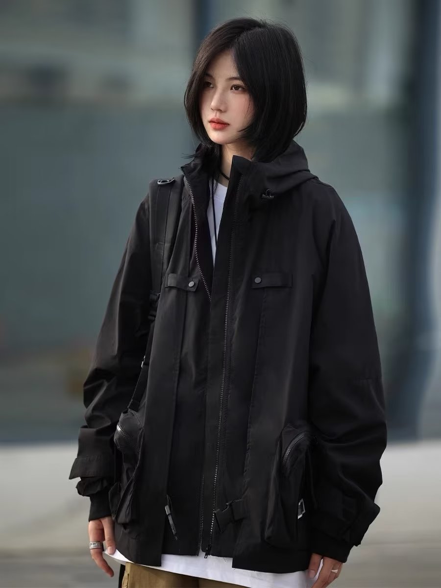 春秋季連帽衝鋒衣男美式潮牌寬鬆機能防風外套潮流休閒工裝夾克潮