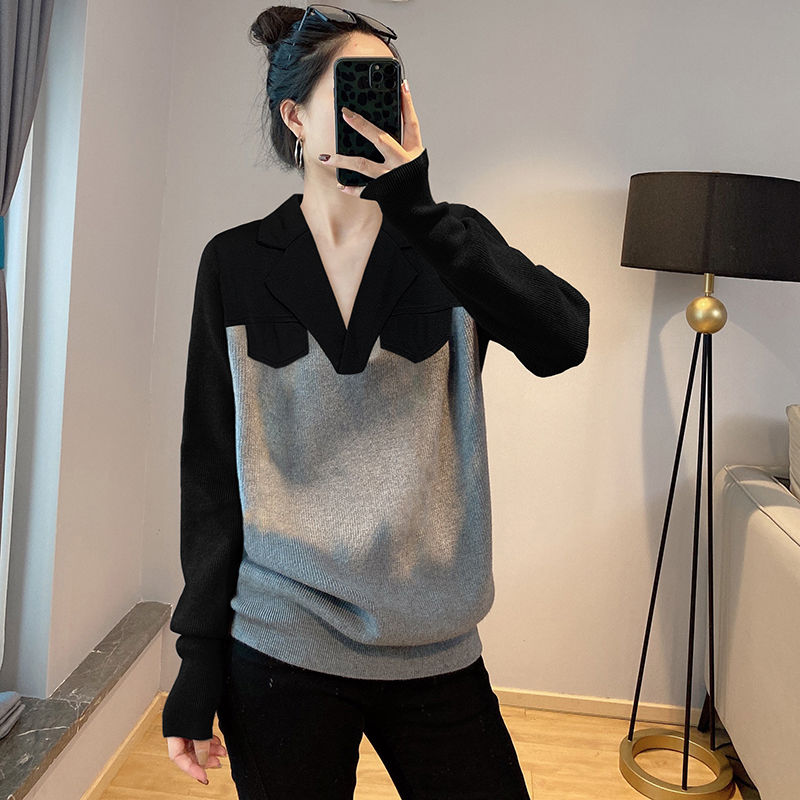 時尚設計拼接西裝領毛衣女2023秋季新款慵懶風洋氣寬鬆顯瘦針織衫
