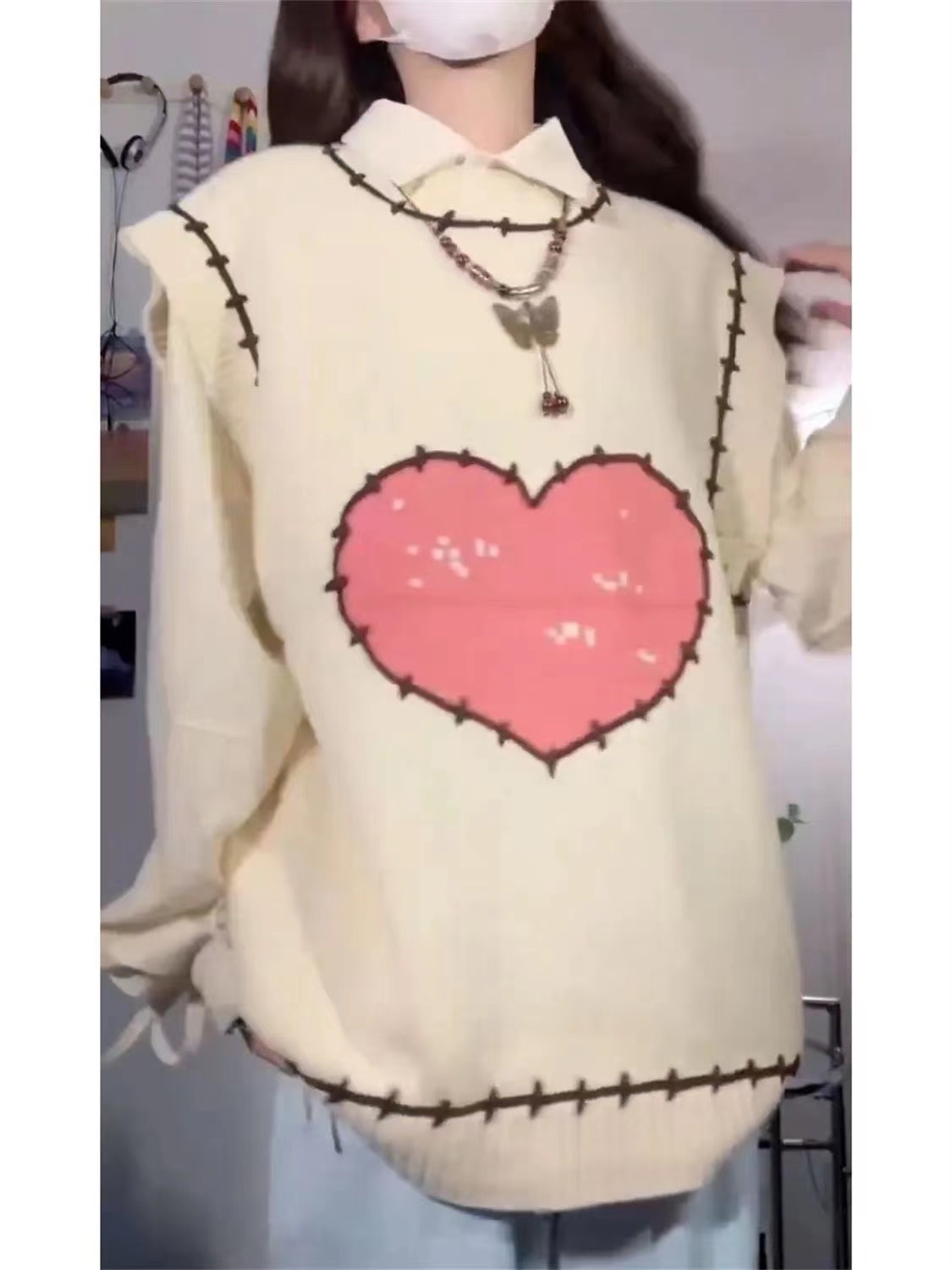Cute style sweet love contrast color knitted vest sweater pink shirt