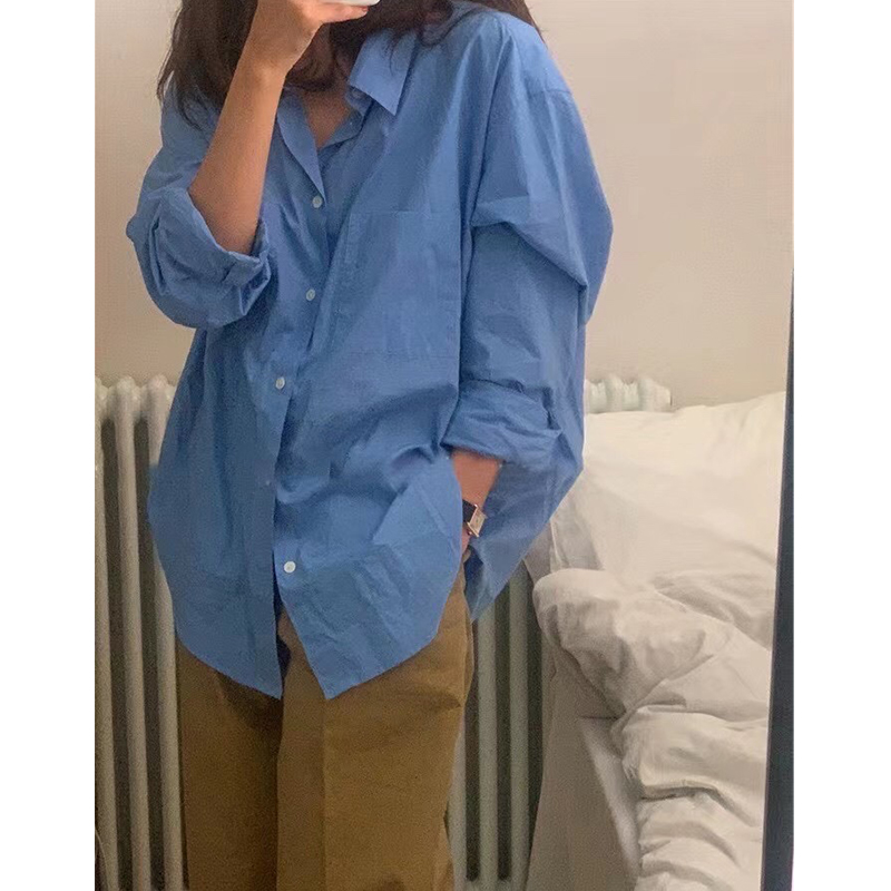 韓國thebarnnet八奶藍色襯衫女 2023春經典休閒百搭打底襯衣疊穿
